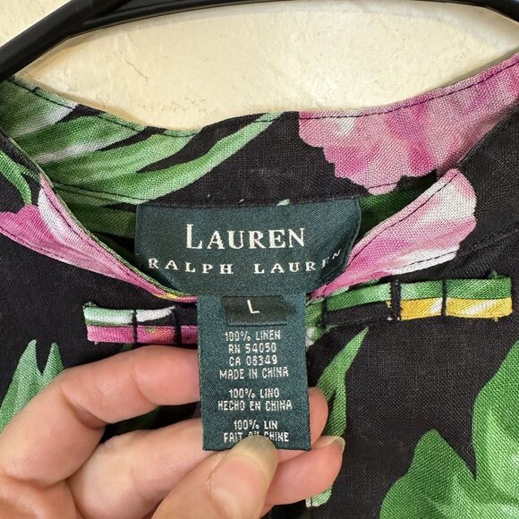 Lauren Ralph Lauren Womens Tunic Black Floral Linen Shirt Large Mandarin - Picture 2 of 8